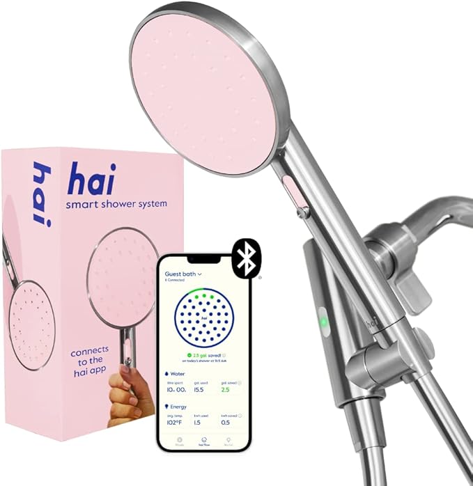 hai Smart Shower Head, Bluetooth Handheld Water Saving Showerhead with Adjustable High Pressure to Spa-Like Mist, Stainless Steel, Easy Installation, Customizable LED Lights, Rose Quartz, 2.5 GPM