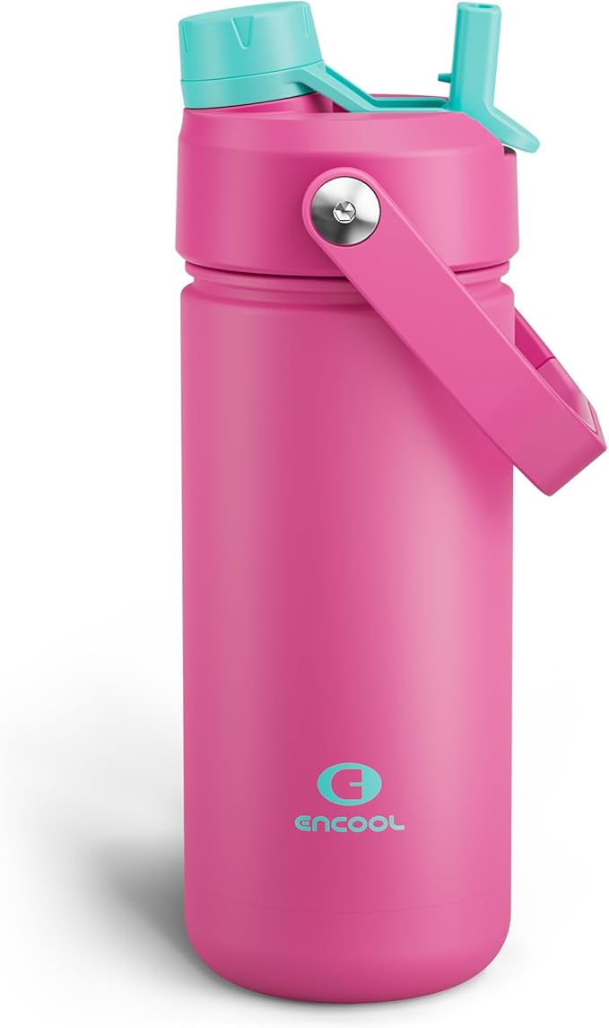 ENCOOL Insulated Water Bottle with Straw Stainless Steel Water Bottle, Leak-Proof, BPA-Free, Double Wall Vacuum Keeps Cold for 24 Hours for Sports, Travel, School (18 oz, Light Crimson)