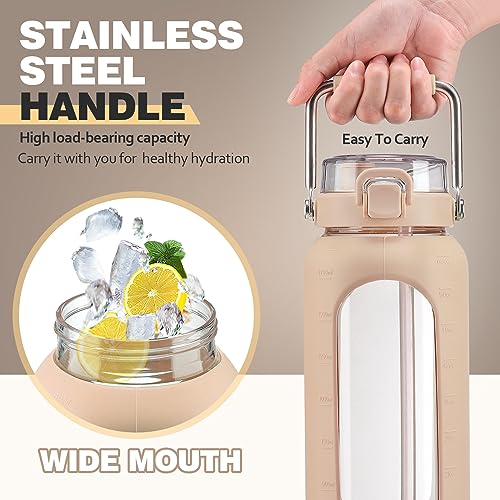 64oz Water Bottle Glass with Stainless Steel Handle Large Water Bottle with Time Markers and Silicone Sleeve Half Gallon Water Jug BPA Free for Gym Daily Use