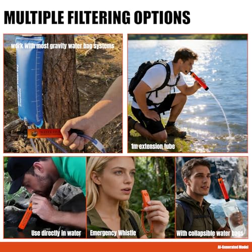 5 Pack Personal Water Filter Straw with Emergency Whistle (5 Count)