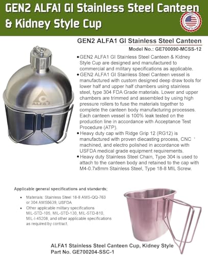 Military Stainless Steel Canteen & Kidney Style Cup for Hiking