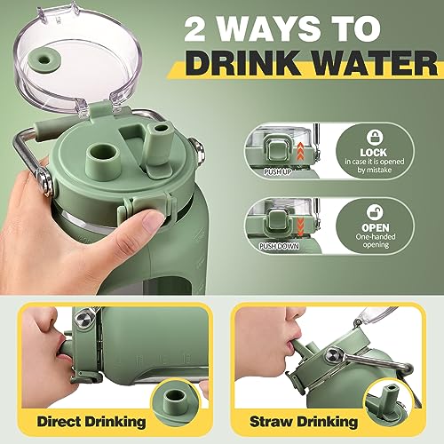 64oz Water Bottle Glass with Stainless Steel Handle Large Water Bottle with Time Markers and Silicone Sleeve Half Gallon Water Jug BPA Free for Gym Daily Use