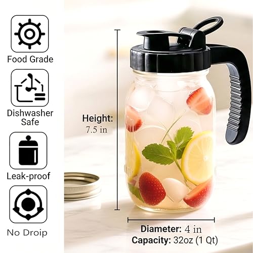 Glass Mason Jars Pitcher 32 Oz Pour Spout Lids & Handle (2 Count)