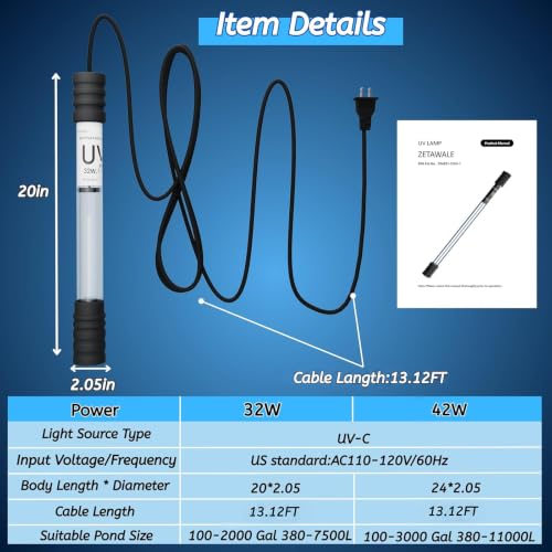 Pond UV Light for Fish Tank UV Pond Water Clarifier for 100
