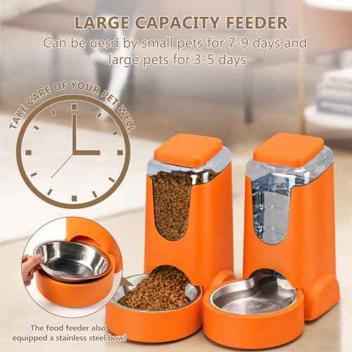 Portable Automatic Cat Feeder and Water Dispenser with Stainless Steel Bowl Dog Gravity Food Feeder and Waterer for Small Medium Pets Puppy Kitten 1 Gallon x 2