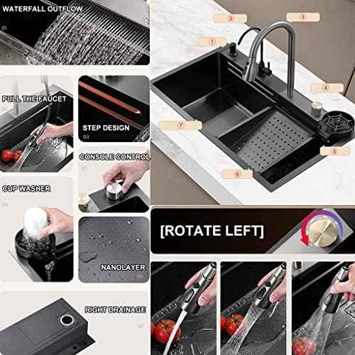 Waterfall Multi-Function Digital Display Sink，Waterfall Sink Waterfall Kitchen Sink Versatile Stainless Steel Single-Bowl Kitchen Workstation Sink Waterfall Pull-Down Faucet and Complete Acc