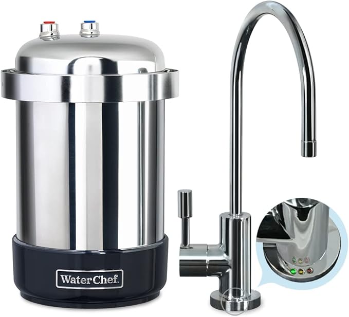 WaterChef U9000 Premium Under-Sink Water Filtration System w/Intelligent Monitor & Designer Series Faucet (Chrome), NSF/ANSI Certified for 78 Contaminants, 1,000 Gal., Stainless, Made in USA