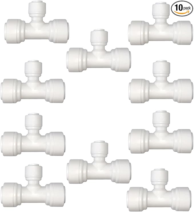 10 PCS 3/8" x 3/8" x 1/4" Push Fit T-Shaped 3-Way Tube Connector, Plastic Quick Connect Fittings for RO Water Purification System, Reverse Osmosis, Water Filters (White) - AquaVibe