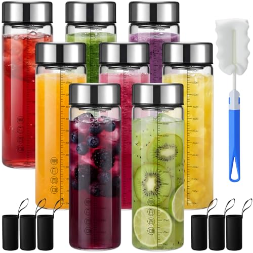 6 Pack 20 Oz Wide Mouth Glass Juice Bottles Glass Water Bottles with Lids and Sleeve for Juicing Smoothies Milk Protein Infused Water Reusable Leakproof Borosilicate Bottle (6 Count)