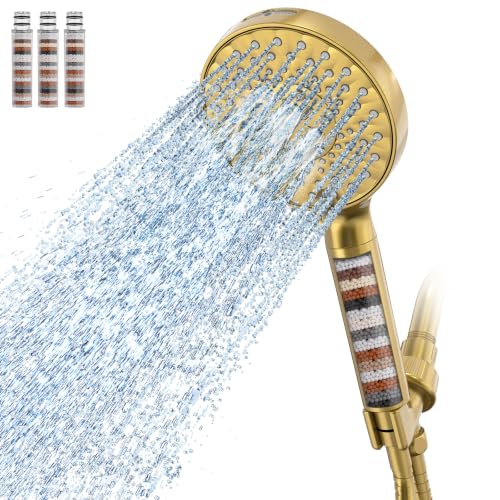 Filtered Shower Head with Handheld High Pressure 9 Spray Mode Showerhead Detachable Shower Head Water Softener Filters Beads for Hard Water Remove Chlorine 4 Filters Brushed Gold