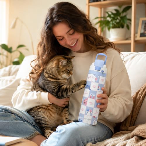 Cat Insulated Stainless Steel Water Bottle with Straw for Sports and Travel 24 Ounces for Women Girls Friends Teens Birthday