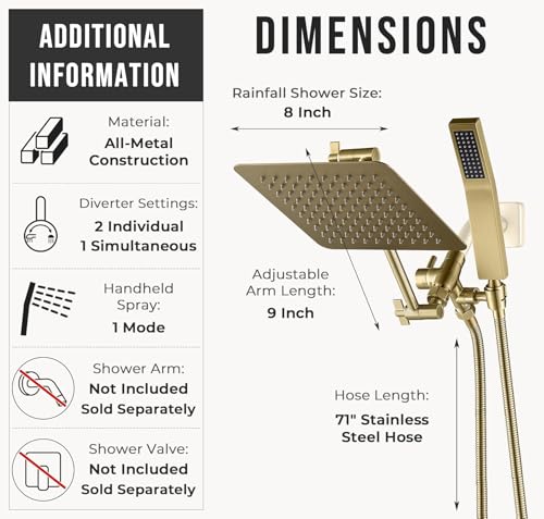 All Metal 8 Inch Dual Square Shower Head Combo