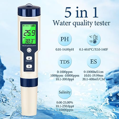 PH Meter & TDS Meter Digital Water Tester 5 in 1 Salinity Tester PH Temp EC and TDS Meter