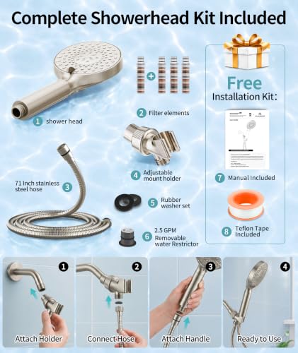 Filtered Shower Head with Handheld High Pressure 9 Spray Mode Showerhead Detachable Shower Head Water Softener Filters Beads for Hard Water Remove Chlorine 4 Filters Brushed Nickel