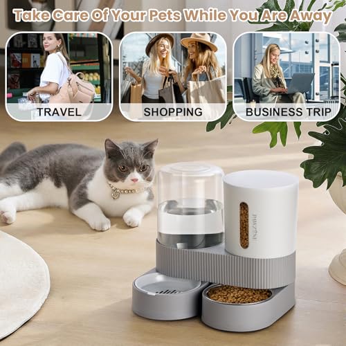 2 Pack Automatic Cat Feeder Stainless Steel Water Dispenser Gravity Food Feeder and Waterer Set with Pet Food Bowl for Small Medium Kitten Puppy Pets Large Capacity