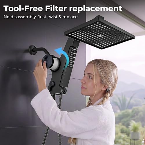 Filtered Rain Shower Head with Handheld Combo High Pressure 12'' Rainfall Shower Heads & Hidden Detachable Wand Dual Showerhead Water Softener for Hard Water Easy Filter Replacement