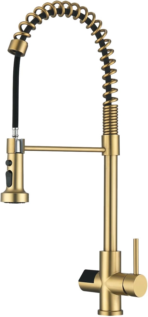 Kitchen Faucet with Temperature Digital Display, 304 Stainless Steel Kitchen Sink Faucets with Pull Down Sprayer and 3 Modes, 360 Rotatable Pull Out Kitchen Faucet, Brushed Gold