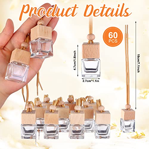 60 Pcs Hanging Car Air Freshener Car Diffuser Bottle Empty Glass Perfume Bottles Air Freshener Diffuser Bottle Pendant for Essential Oils Fragrance Aromatherapy Ornament Decor (60 Count)