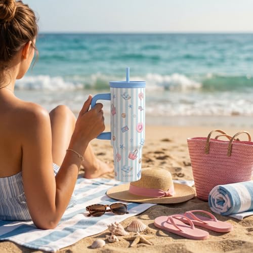 Beach Lover Stainless Steel Locking Lid Silicone Straw Tumbler with Handle 40oz