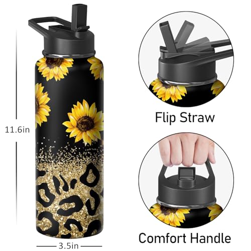 40oz Leopard Sunflower Water Bottle with Handle and Flip Straw