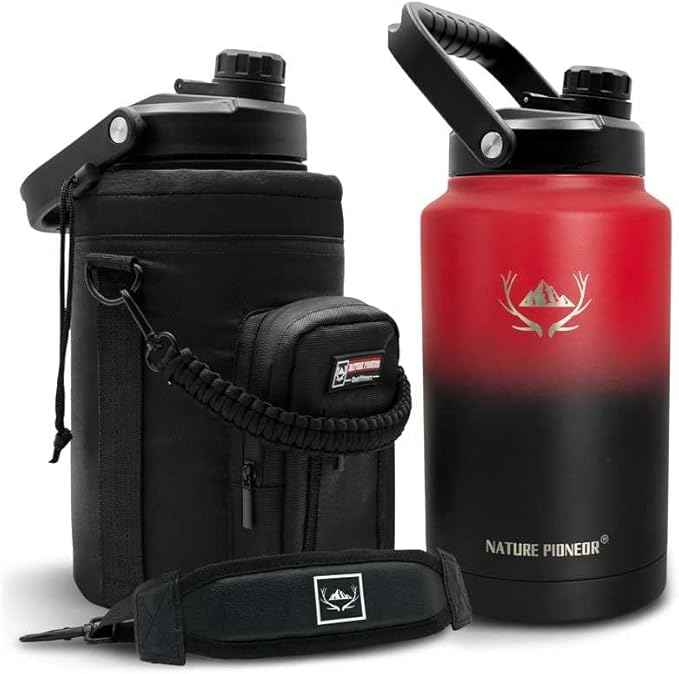 NATURE PIONEOR 1 Gallon Insulated Water Bottle - Double Vacuum Stainless Steel 128 oz Water Bottle with Holder/Carrier, Wide Mouth 1 gallon Water Jug for Outdoor Sports, Hiking, Camping, Gym