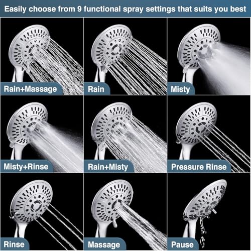9 Spray Settings Shower Head with Handheld High Pressure Chrome Hand Held Showerhead with 60 Inch Stainless Steel Hose and Adjustable Overhead Bracket