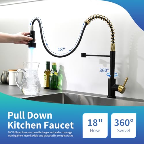 Black and Gold Led Kitchen Faucet with Pull Down Sprayer