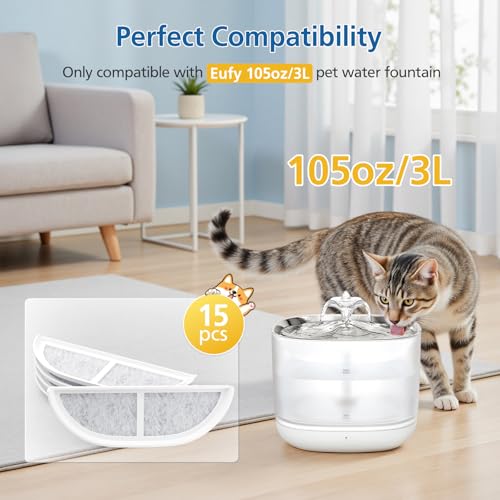 15 Pack Cat Water Fountain Filters for eufy Pet Fountain 3L (15 Count)
