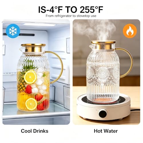 Glass Pitcher with Lid 68oz 2L Vintage Water Carafe Beverage 1Pack