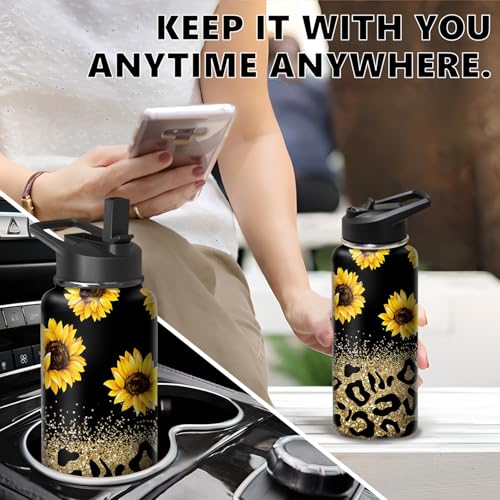 18oz Leopard Sunflower Water Bottle with Handle and Flip Straw