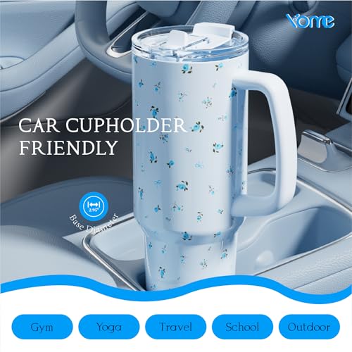 40oz Blue Floral Tumbler with Handle and Flip Straw