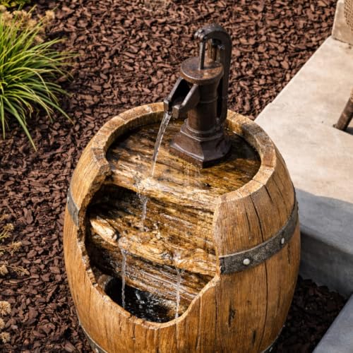 Vintage Barrel Waterfall Fountain with Pump for Outdoor Patio Garden Backyard Decking