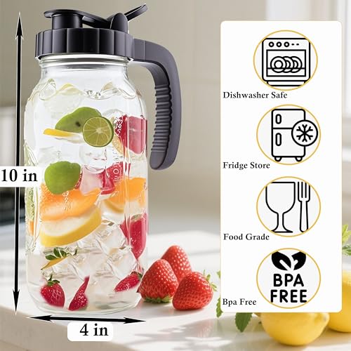 2 Quart Glass Mason Jar Pitcher With Lid 2 Set 64 Oz Wide Mouth Cold Hot Water Pitcher Half Gallon Sun Tea Coffee Jug Carafe For Fridge Lemonade (2 Count)