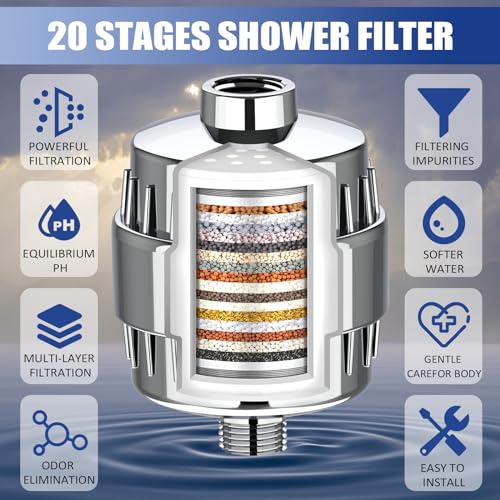 20 Stage Shower Head Filter for Hard Water with 4 Cartridges Replacements