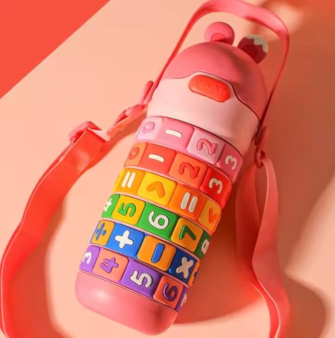 Kids Premium 14 oz Math Water Bottle with Silicone Spout, Leak-Proof Locking Flip Lid, Carrying Strap, Educational, Fun, Learning, Puzzle, Insulated, Stainless Steel, Sensory, Fidget. (Pink)