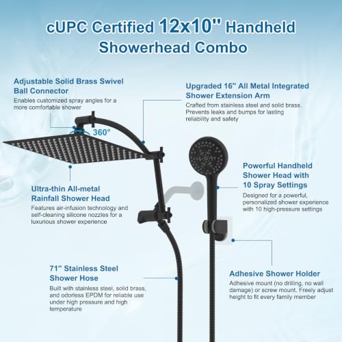 All Metal 12" High Pressure Rain Shower Head Combo