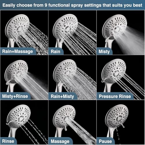 9 Spray Settings Shower Head with Handheld High Pressure Brushed Nickel Hand Held Showerhead with 60 Inch Stainless Steel Hose and Adjustable Overhead Bracket