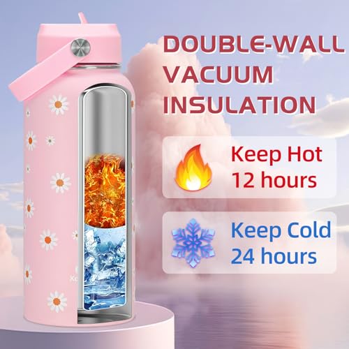 32oz Pink Daisy Insulated Water Bottle for Women with Straw