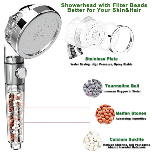 Filter Showerhead with Bracket Metal Hose High Pressure Handheld Shower Purifying Hard Water Softener Chlorine Flouride Filter Multi Modes Changeable Shower head Fresh Dry Skin & Hair Loss