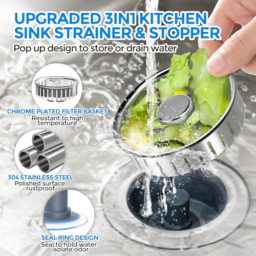 3 in 1 Kitchen Sink Drain Strainer Stopper Removable Basket Pop