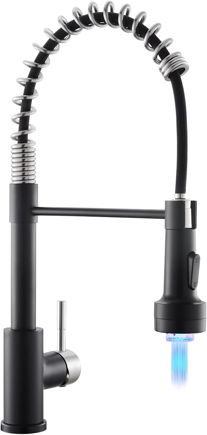GIMILI Kitchen Faucet with Pull Down Sprayer Single Hole Stainless Steel LED Faucet, Suitable for Farmhouses, RV, Laundry Room, Outdoor, and Campers. Llave para fregadero de cocina Nickel and Black
