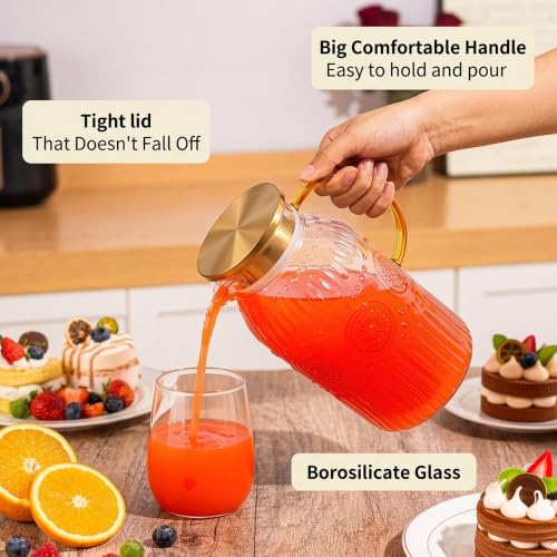 Glass Pitcher with Lid 68oz 2L Vintage Water Carafe Beverage 1Pack