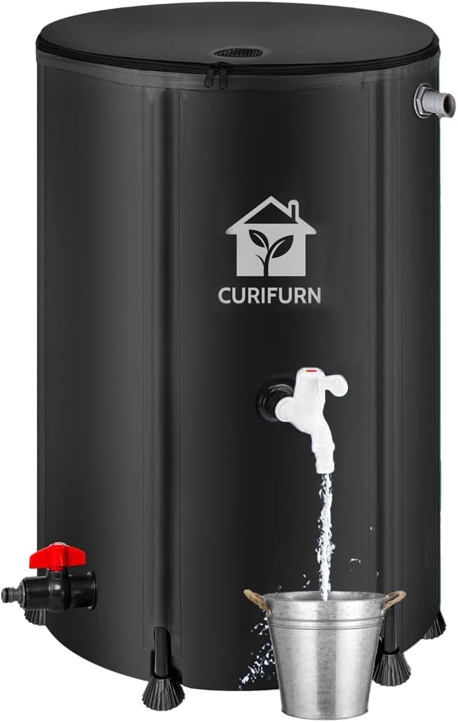 100 Gallon Rain Water Barrel, Portable Rainwater Collect System Water Storage Tank Collapsible Rain Barrel with Filter, Spigot & Overflow Kit (Reinforced Liner+Thickened Legs) - Black