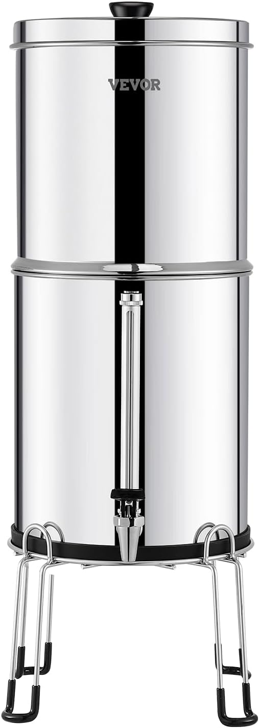 VEVOR Gravity-fed Water Filter System, 2.25G 304 Stainless-Steel Countertop System, Water Filtration System, Reduces Lead and up to 99% of Chlorine, with 2 Carbon Filters, Water Level Spigot, Stand