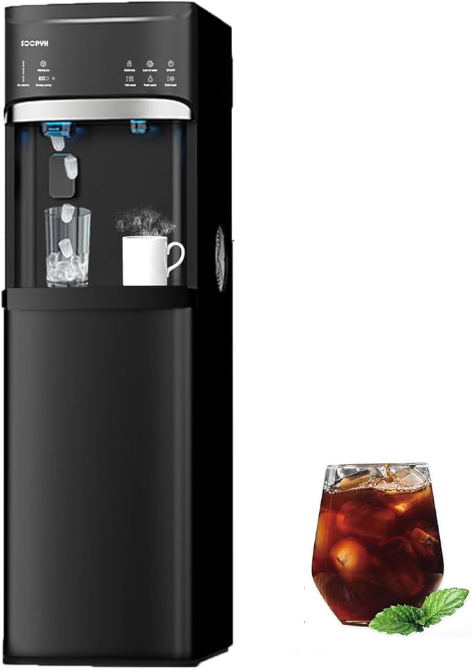Self Clean Water Cooler Dispenser and Ice Maker Bottom Load for 5 Gallon Ice 22lbs Daily Capacity 3 Temperature Settings Full Alert Night Light Black
