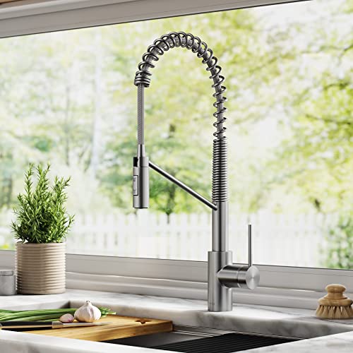 Oletto Commercial Style Single Handle Pull Down Kitchen Faucet with QuickDock Top Mount Installation Assembly in Spot Free Stainless Steel