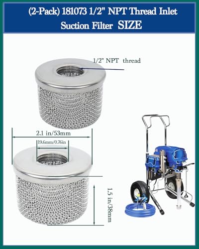2pack) 181073 Pump Inlet Strainer Filter 1/2" NPT Thread, Double-Layer Stainless Steel Compatible withGraco 350 EM,380 EM,390 EM, 400 EM, 480 EM, 490 EM,500, Super NOVA, Paint Sprayers (2 Count)