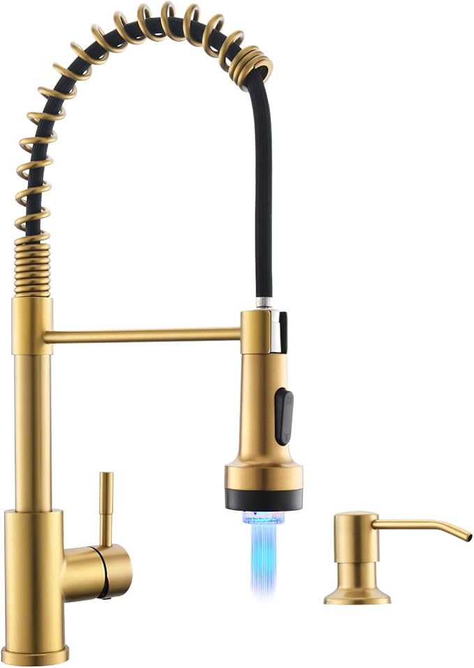 GIMILI Gold Kitchen Faucet with Soap Dispenser Single Hole Pull Down Sprayer LED Faucet, Suitable for Farmhouses, RV, Laundry Room, Outdoor, and Campers. Llave para fregadero de cocina