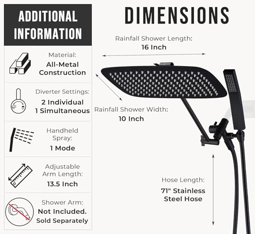 All Metal 16" Rain Shower Head with Handheld for Bathroom Upgrade
