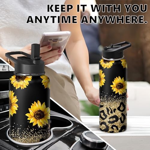 40oz Leopard Sunflower Water Bottle with Handle and Flip Straw